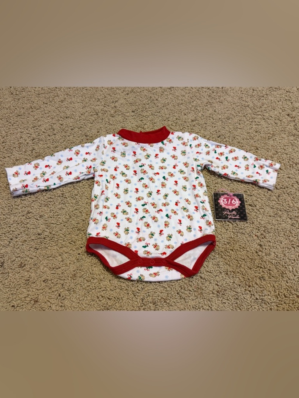 Long-Sleeve White Baby Bodysuit with Red Trim and Holiday Print